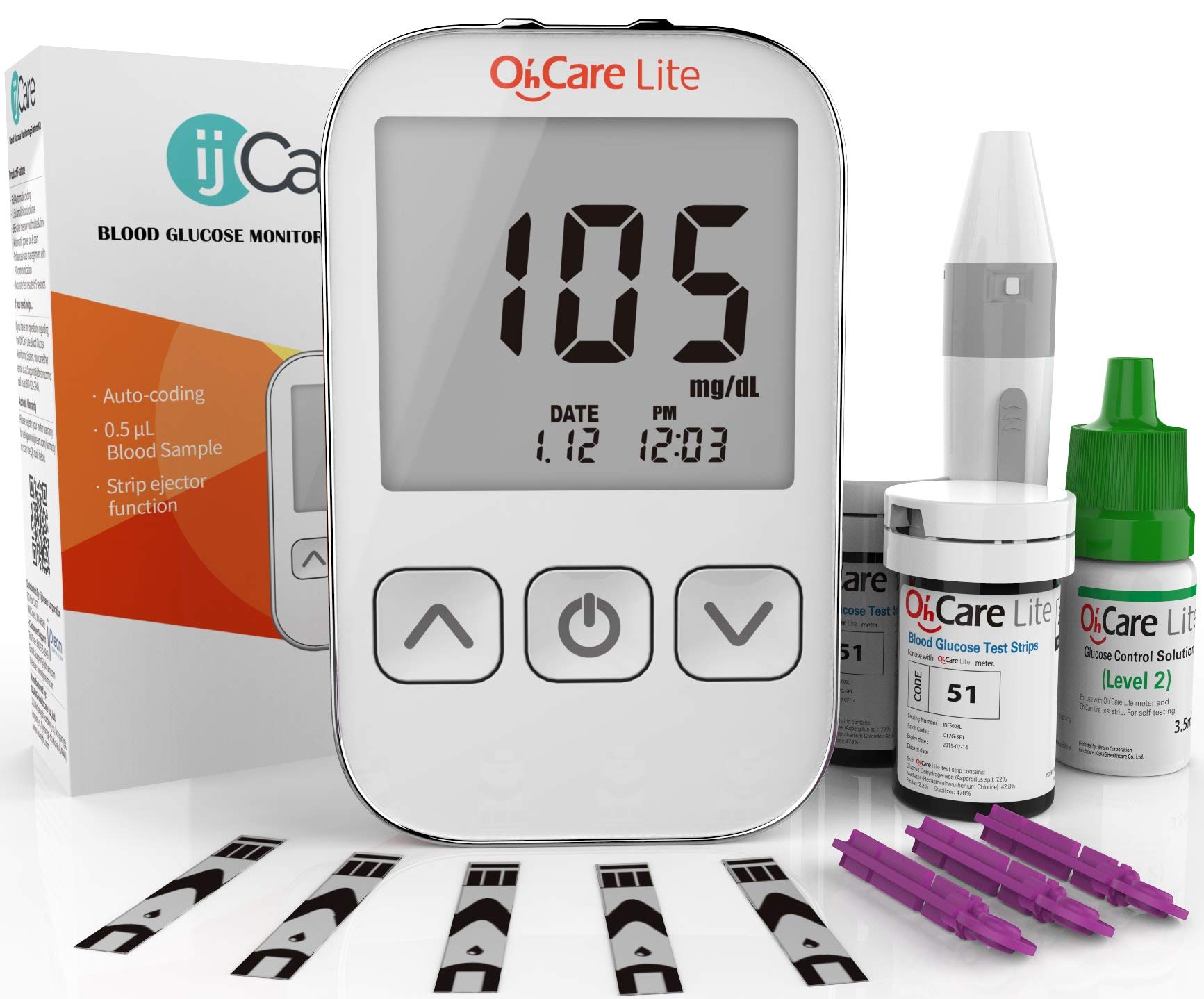 ijCare Oh’Care Lite meter display showing a quick glucose reading for easy tracking