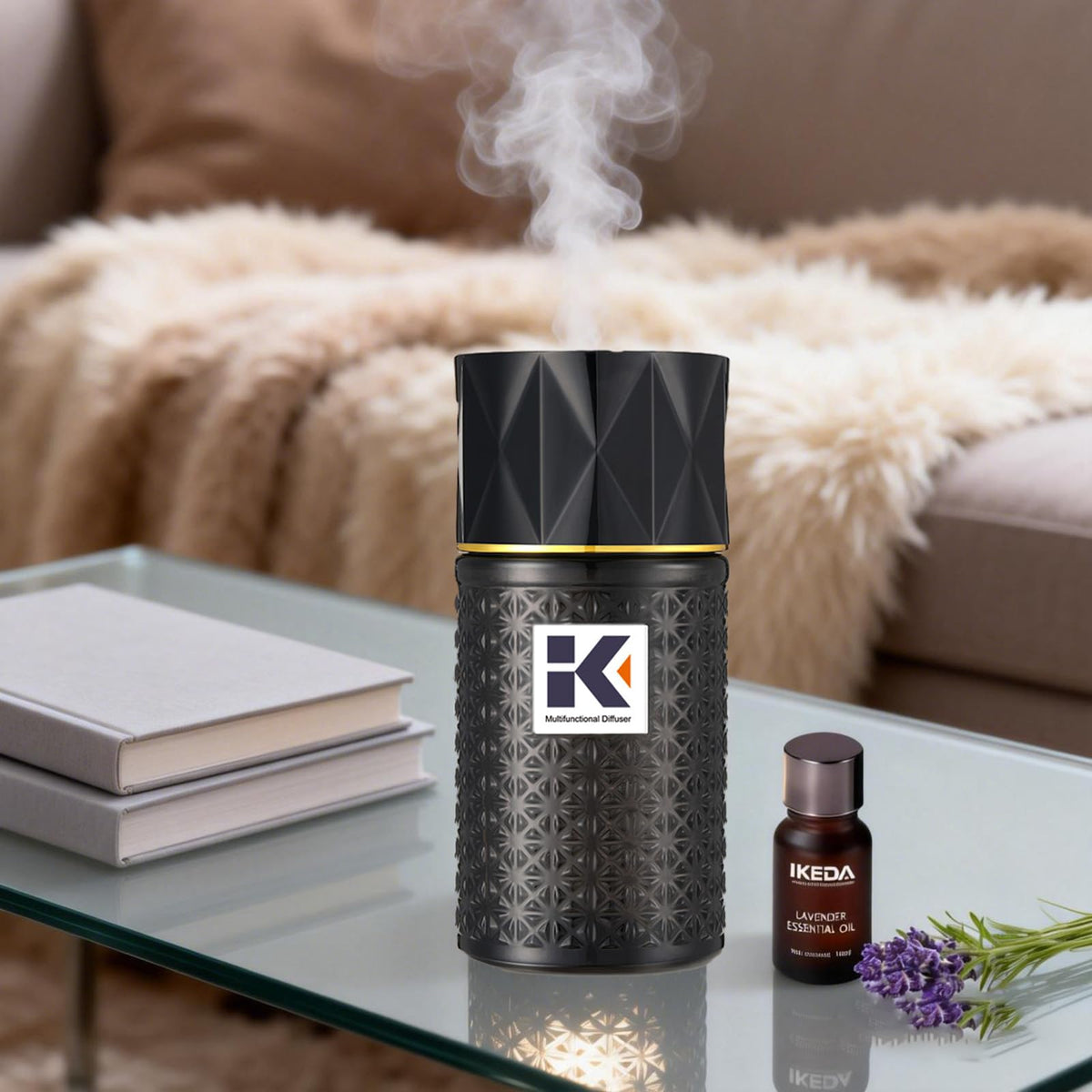 Ikeda scents essential oil diffuser with glass-black finish for stylish home use.