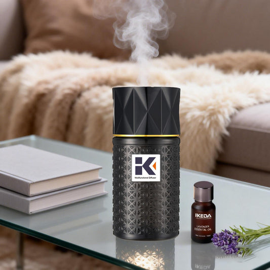 Ikeda scents essential oil diffuser with glass-black finish for stylish home use.
