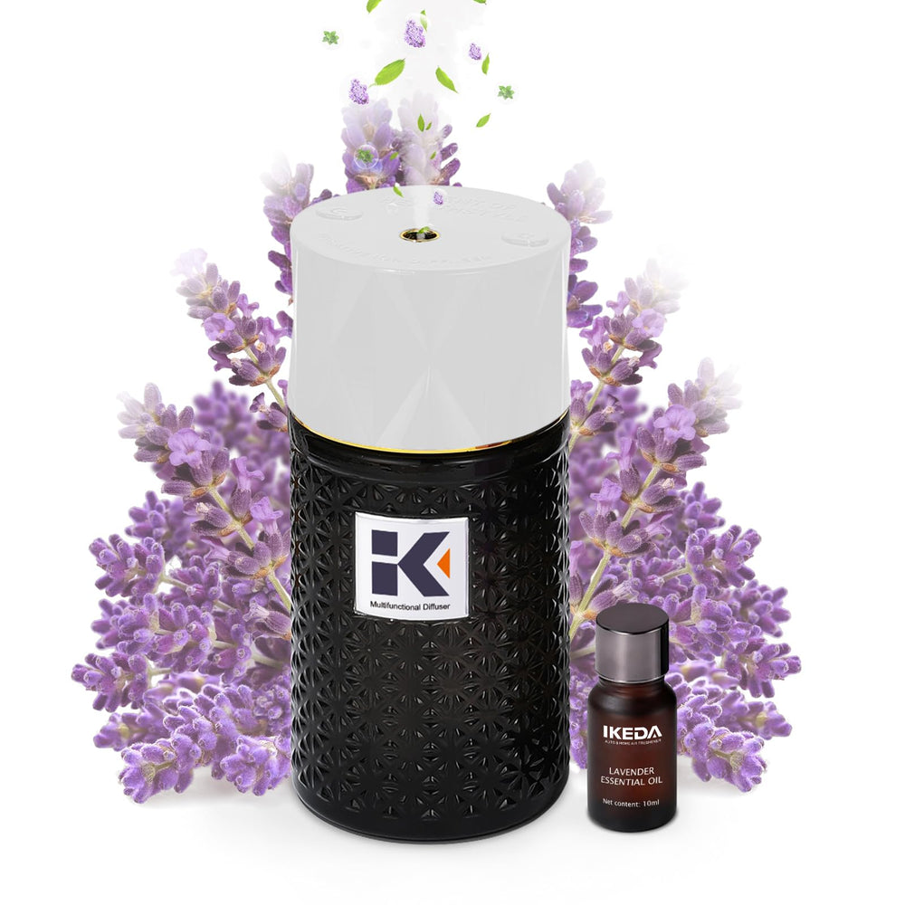 Ikeda Style-Life diffuser with lavender oil bottle for calming home aromatherapy.