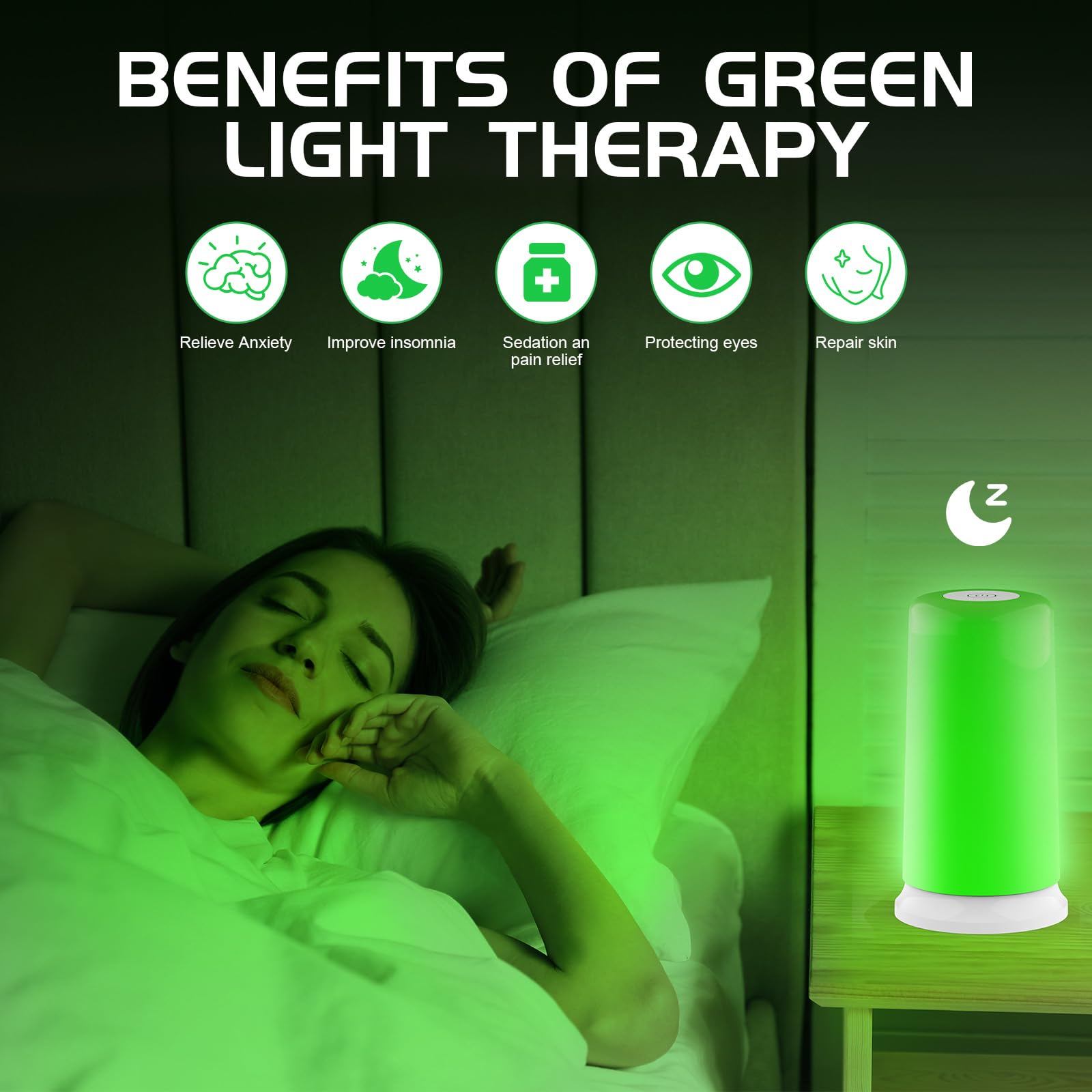 ikeener Green Light Therapy Lamp highlighting 520nm green filter for migraine relief and relaxation
