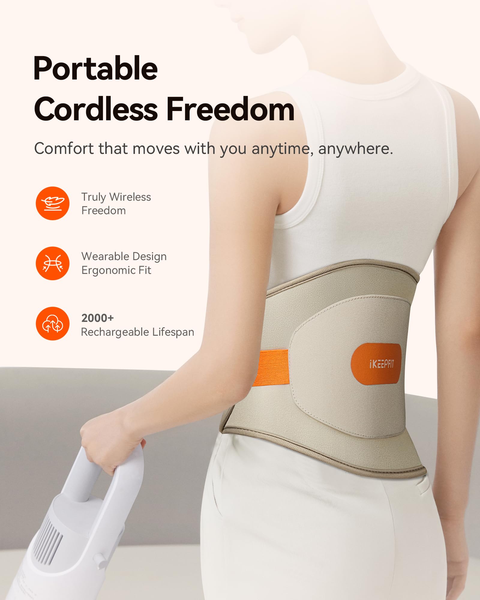 IKEEPFIT cordless wearable heat belt allows movement during use.