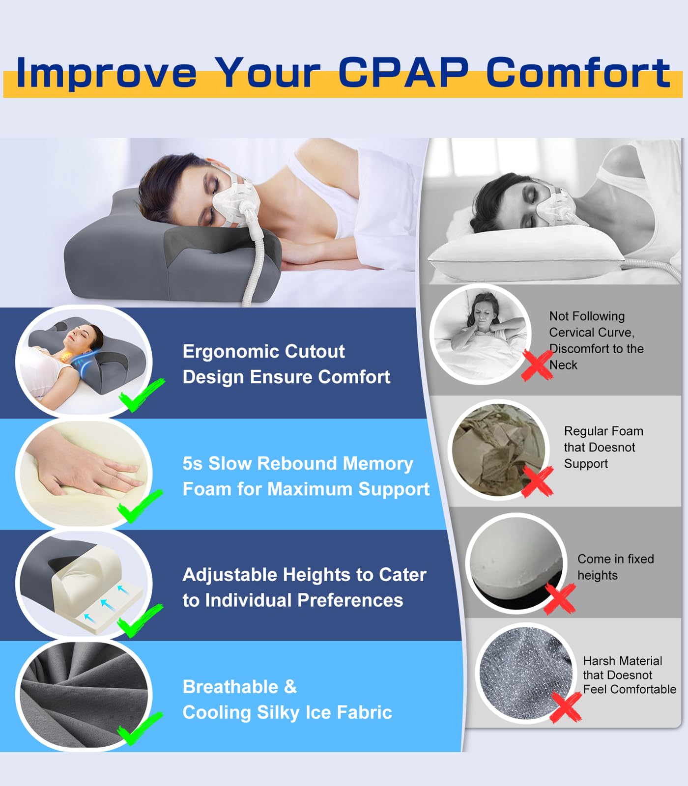 IKSTAR CPAP pillow memory foam contours to neck for comfort