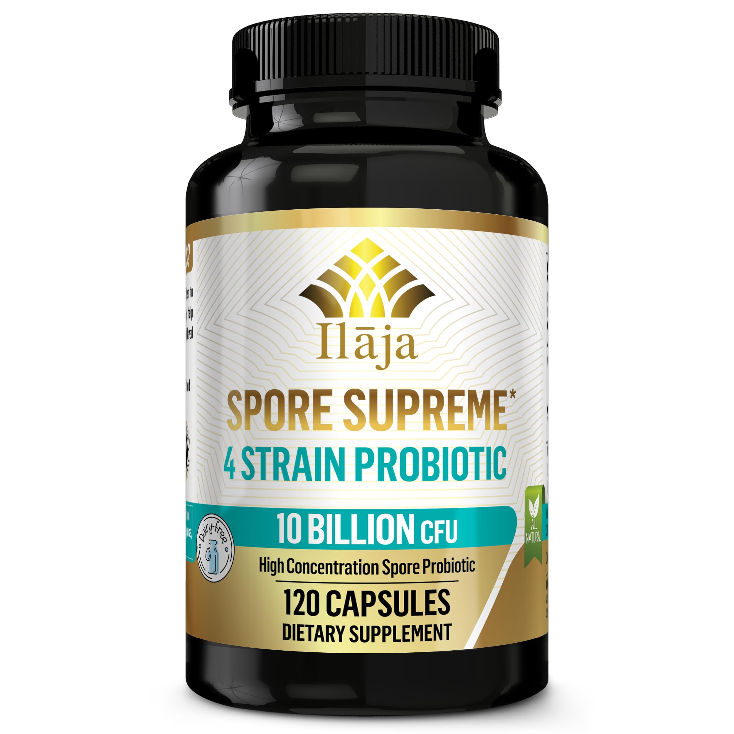 ILAJA Spore Supreme bottle front displays 10 Billion CFU for gut support.