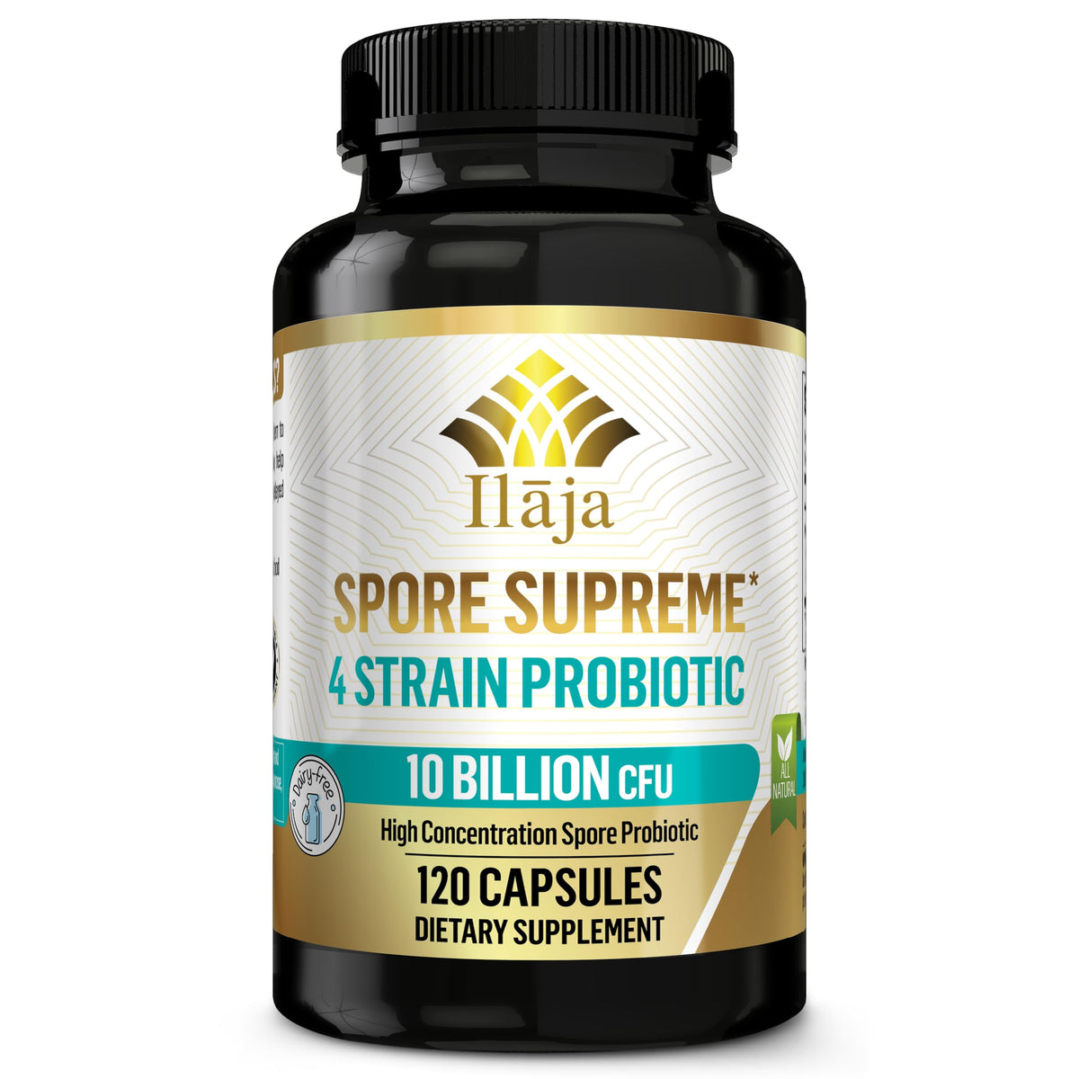 ILAJA Spore Supreme bottle front displays 10 Billion CFU for gut support.