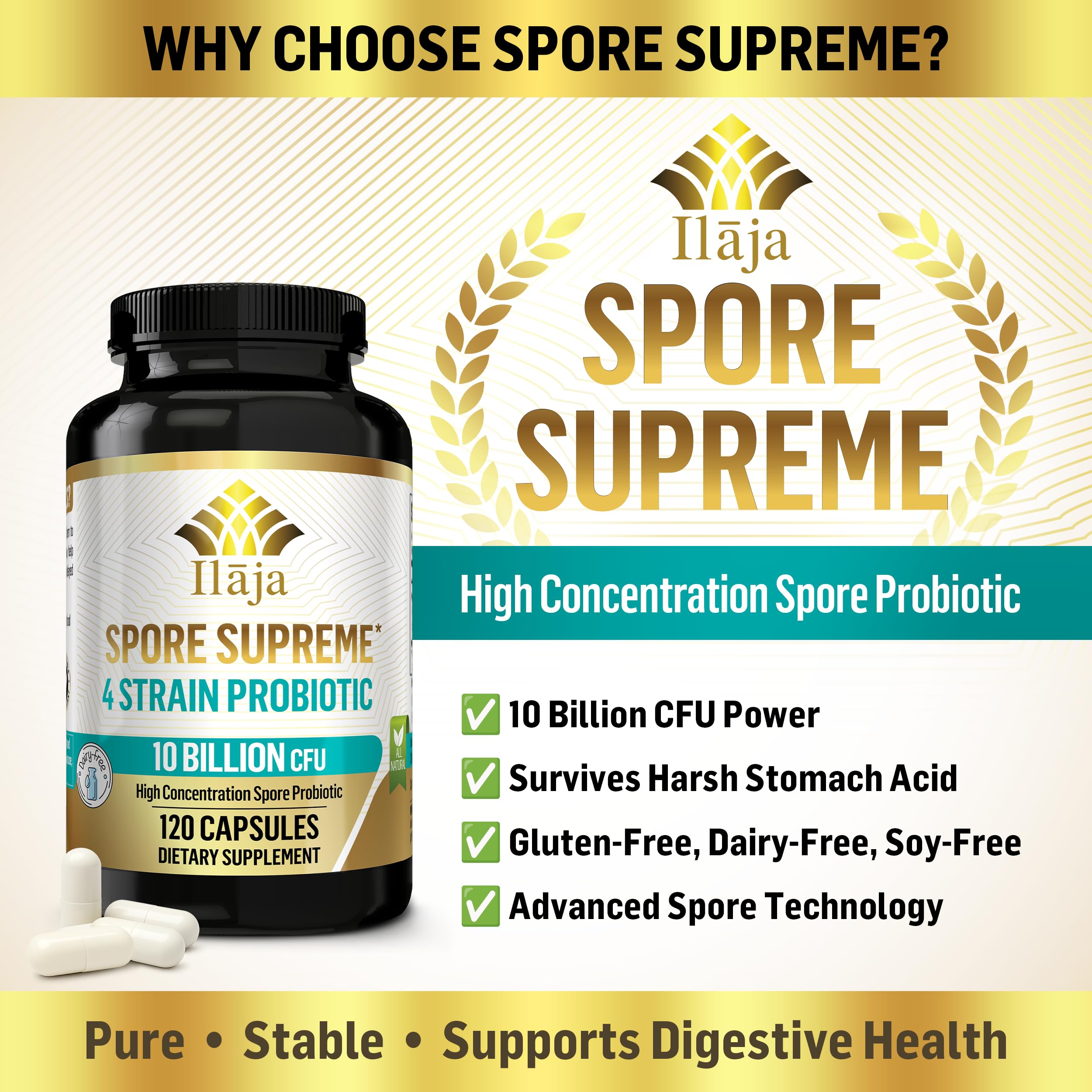 ILAJA Spore Supreme bottle label notes dairy-free, vegan, and gluten-free formula.