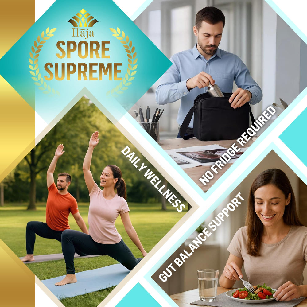 ILAJA Spore Supreme no refrigeration icon emphasizes shelf-stable convenience.