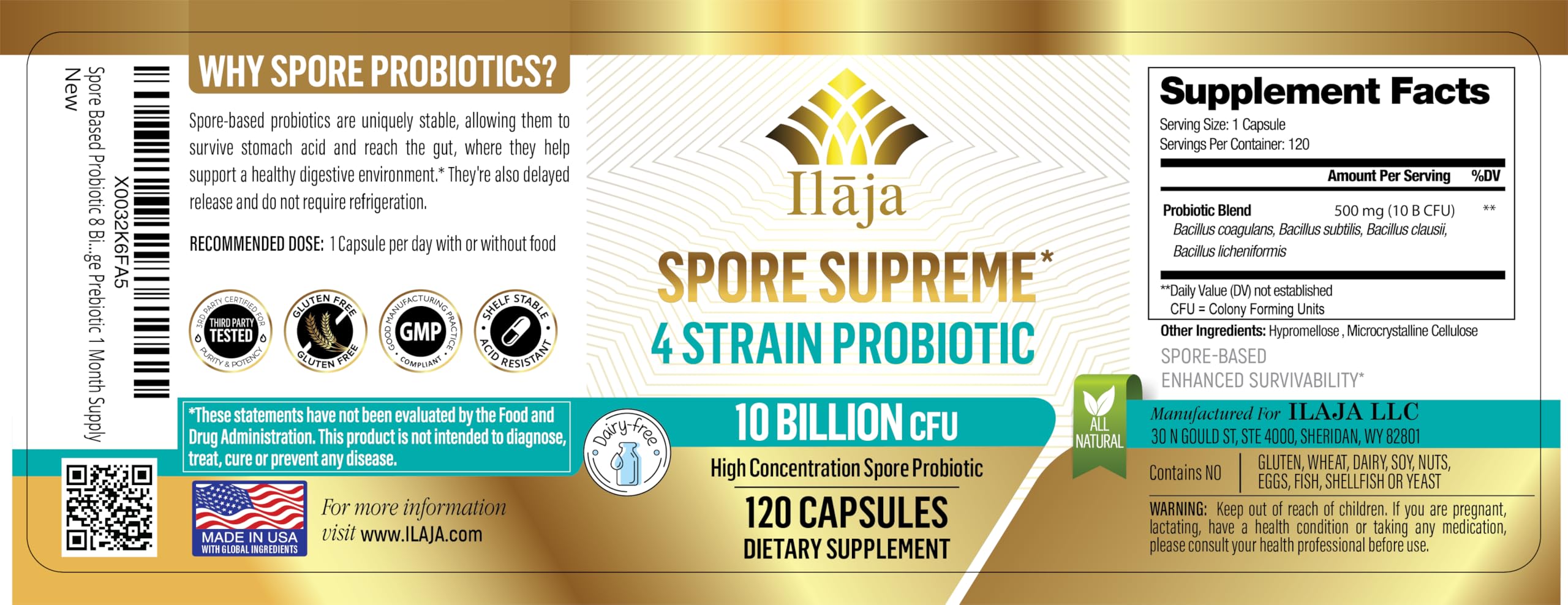 ILAJA Spore Supreme USA-made seal shows quality assurance and COAs available.