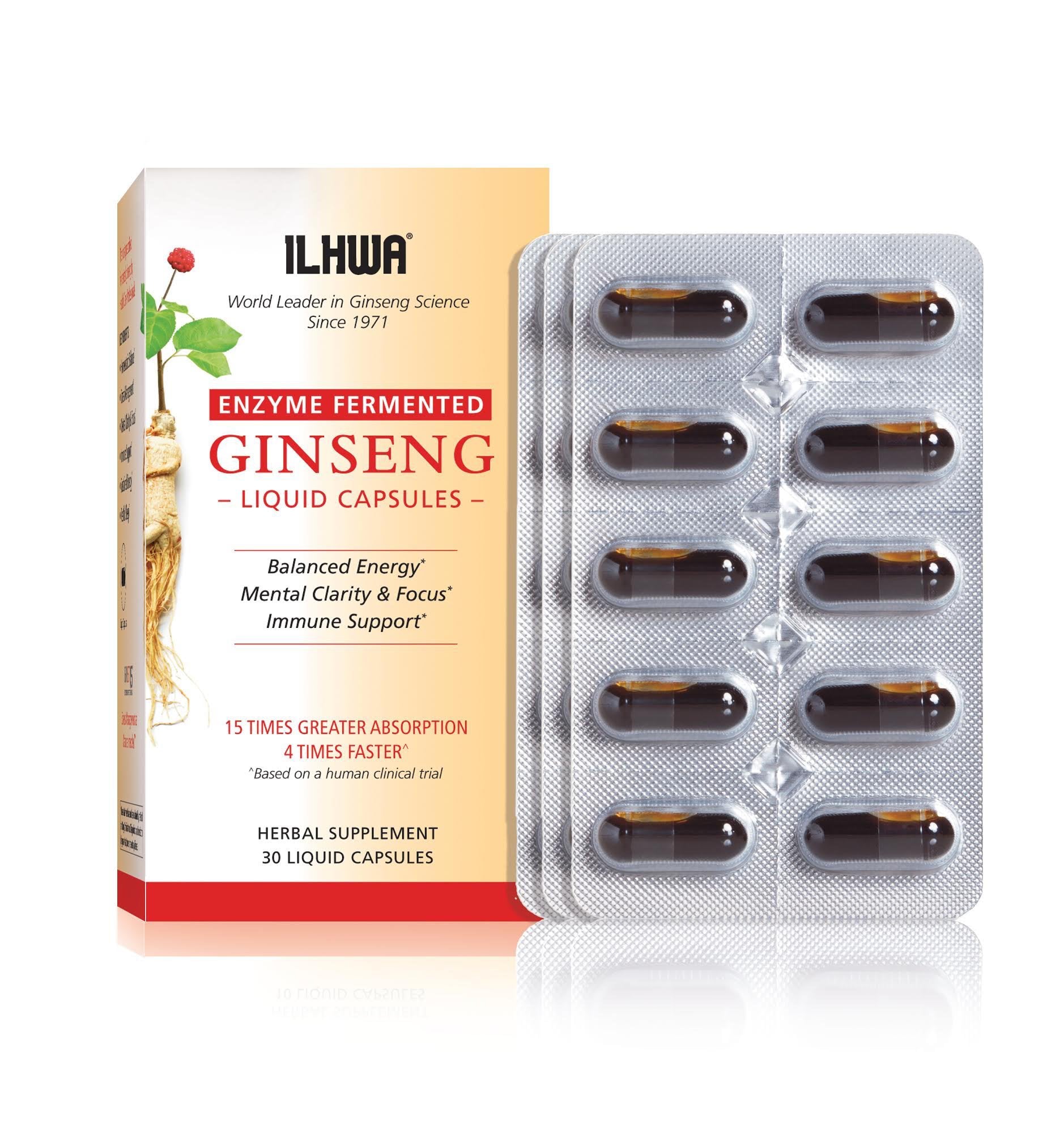 ILHWA enzyme fermented ginseng liquid capsules front view for easy dosing