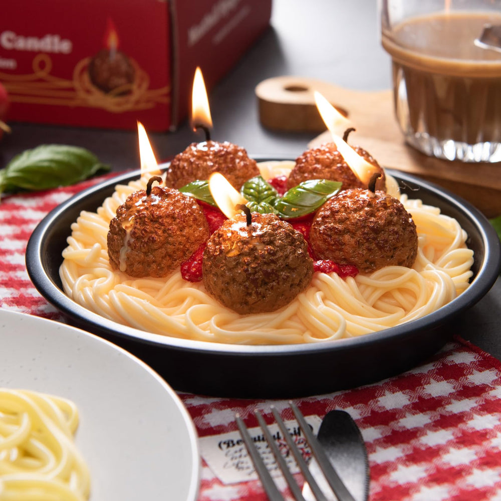 ilikepar meatball spaghetti candle basil detail enhances playful centerpiece.