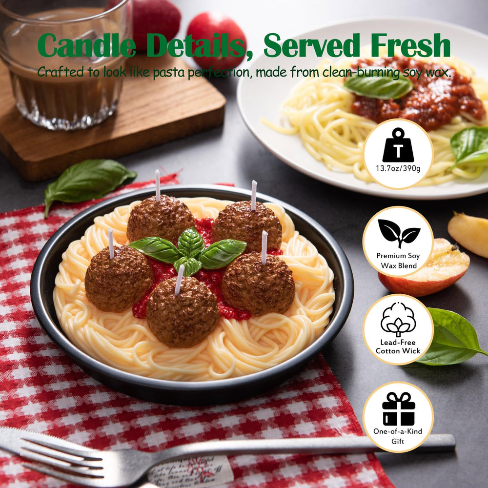 ilikepar meatball spaghetti candle packaging shot demonstrates gift-ready presentation.
