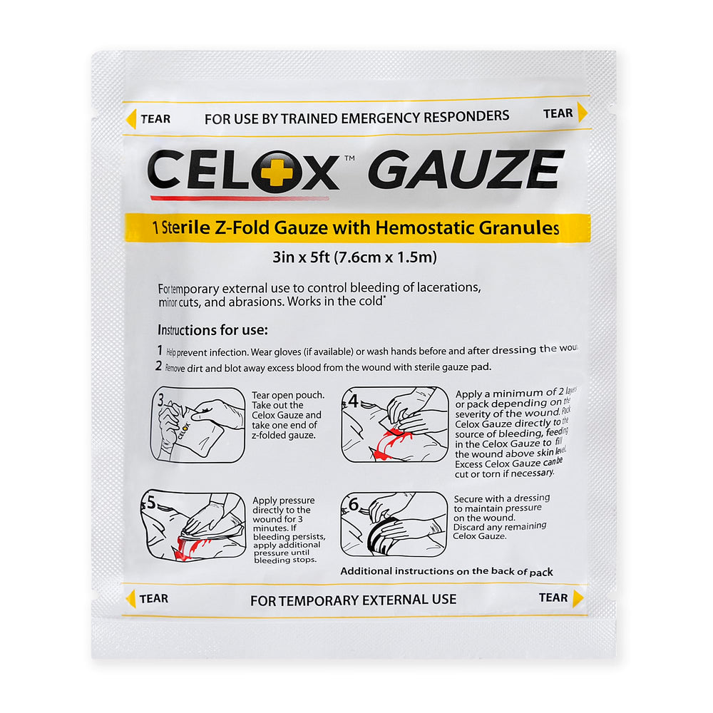 ILIOS Celox Gauze Z-Fold for bleeding control, compact and easy to use in emergencies.