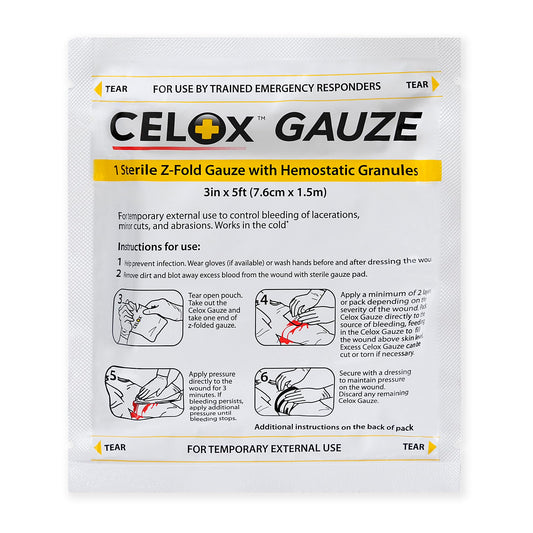 ILIOS Celox Gauze Z-Fold for bleeding control, compact and easy to use in emergencies.