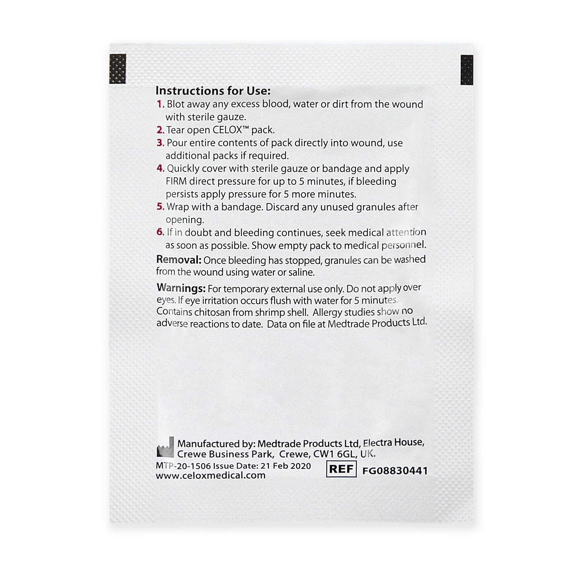 ILIOS Celox Gauze Z-Fold sterile single-use dressing for rapid field application.