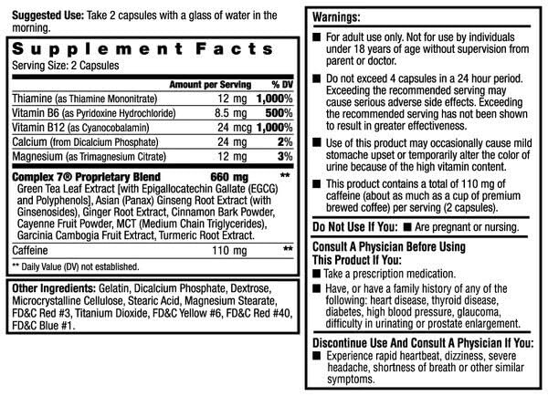 Close-up of ILIOS Dexatrim Max Complex-7 bottle label showing seven-ingredient concept