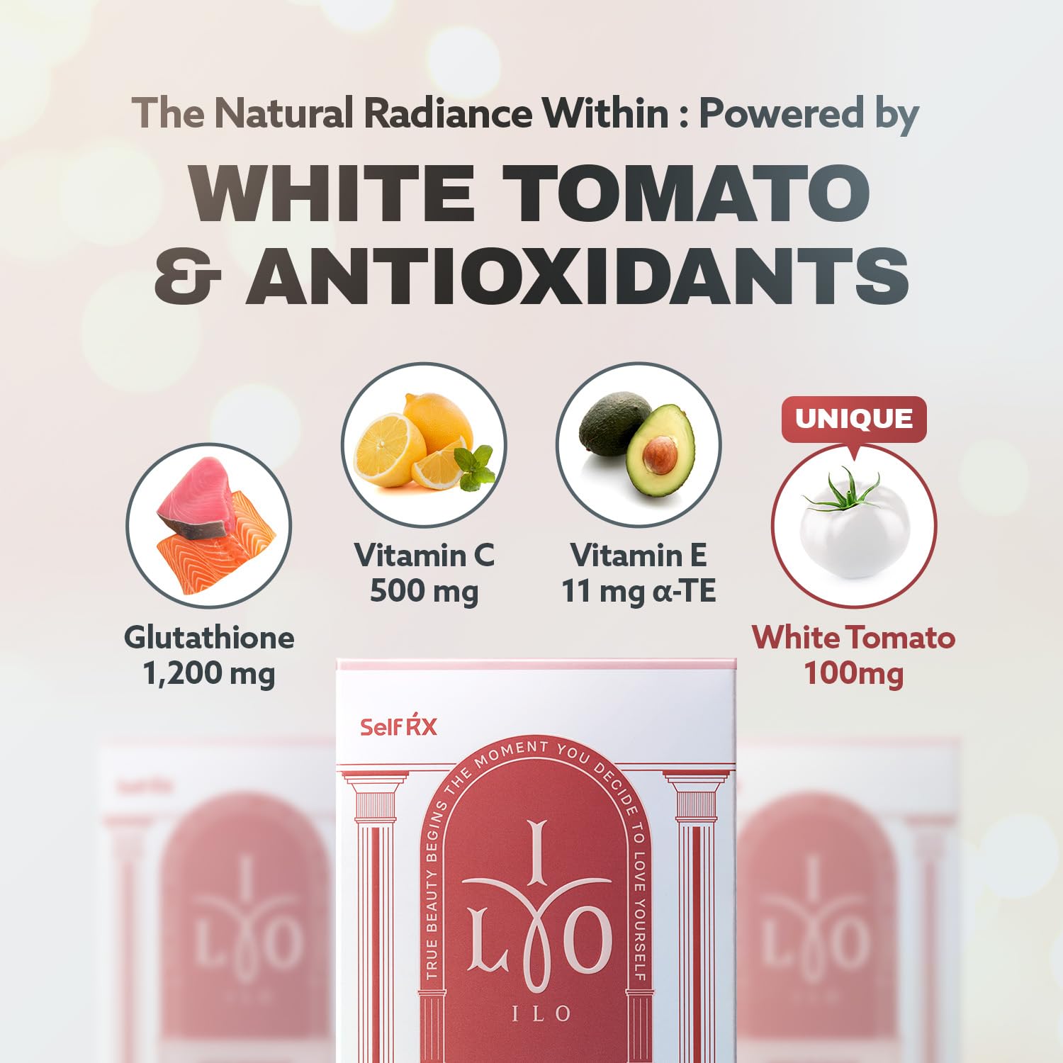 Close-up of ILO Whitathione powder highlighting vitamin C and E
