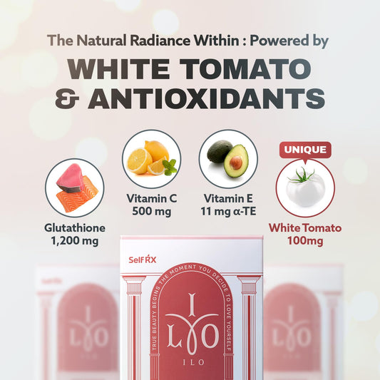 Close-up of ILO Whitathione powder highlighting vitamin C and E