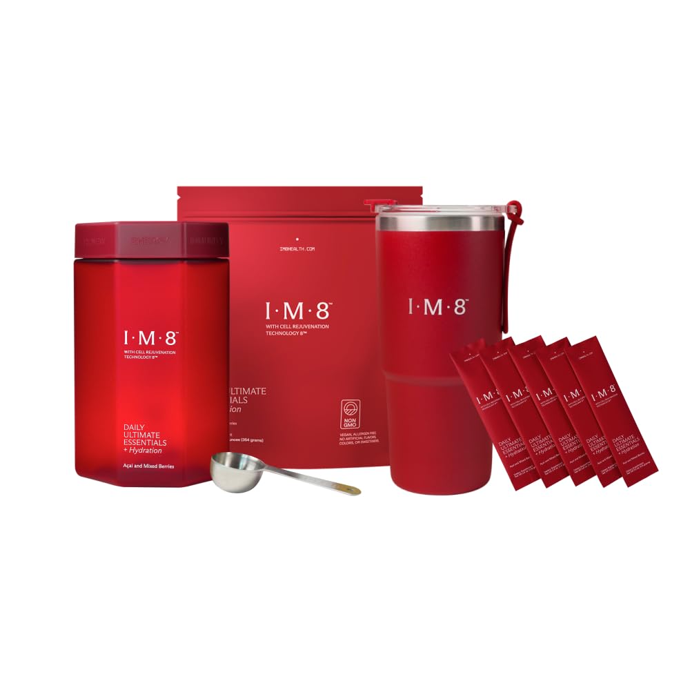 IM8 Daily Ultimate Essentials bottle with a scoop for daily nutrition.