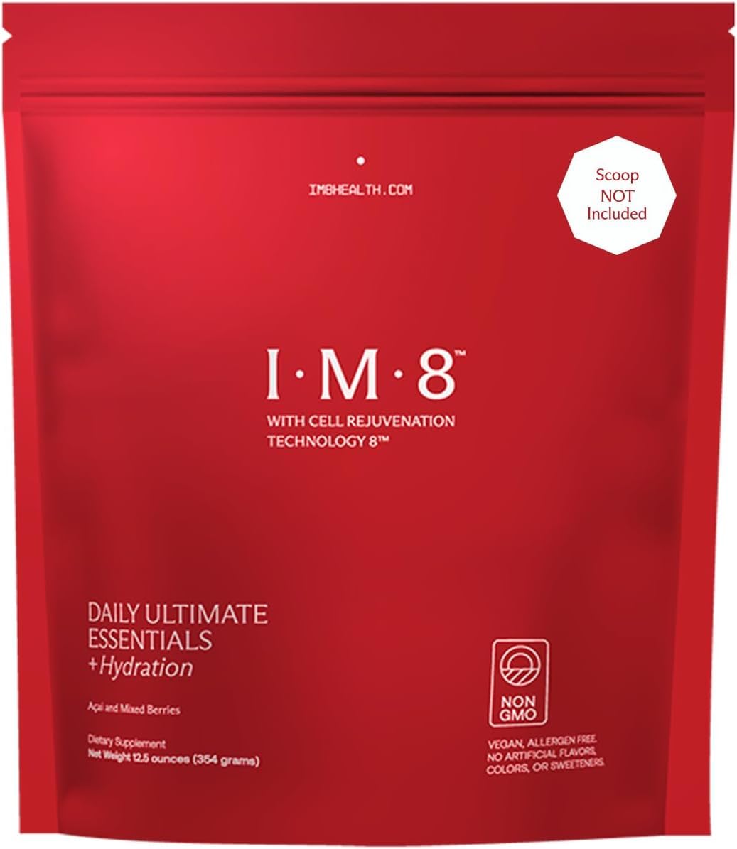IM8 Daily Ultimate Essentials powder bag front view highlighting 92 nutrients