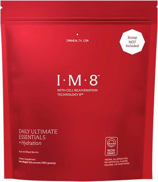 IM8 Daily Ultimate Essentials powder bag front view highlighting 92 nutrients