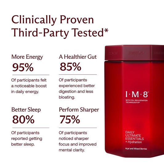 IM8 Daily Ultimate Essentials scoop beside measurement marks for precise 12 g servings.