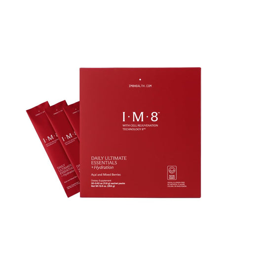 IM8 Daily Ultimate Essentials tub label showing trusted daily nutrition.