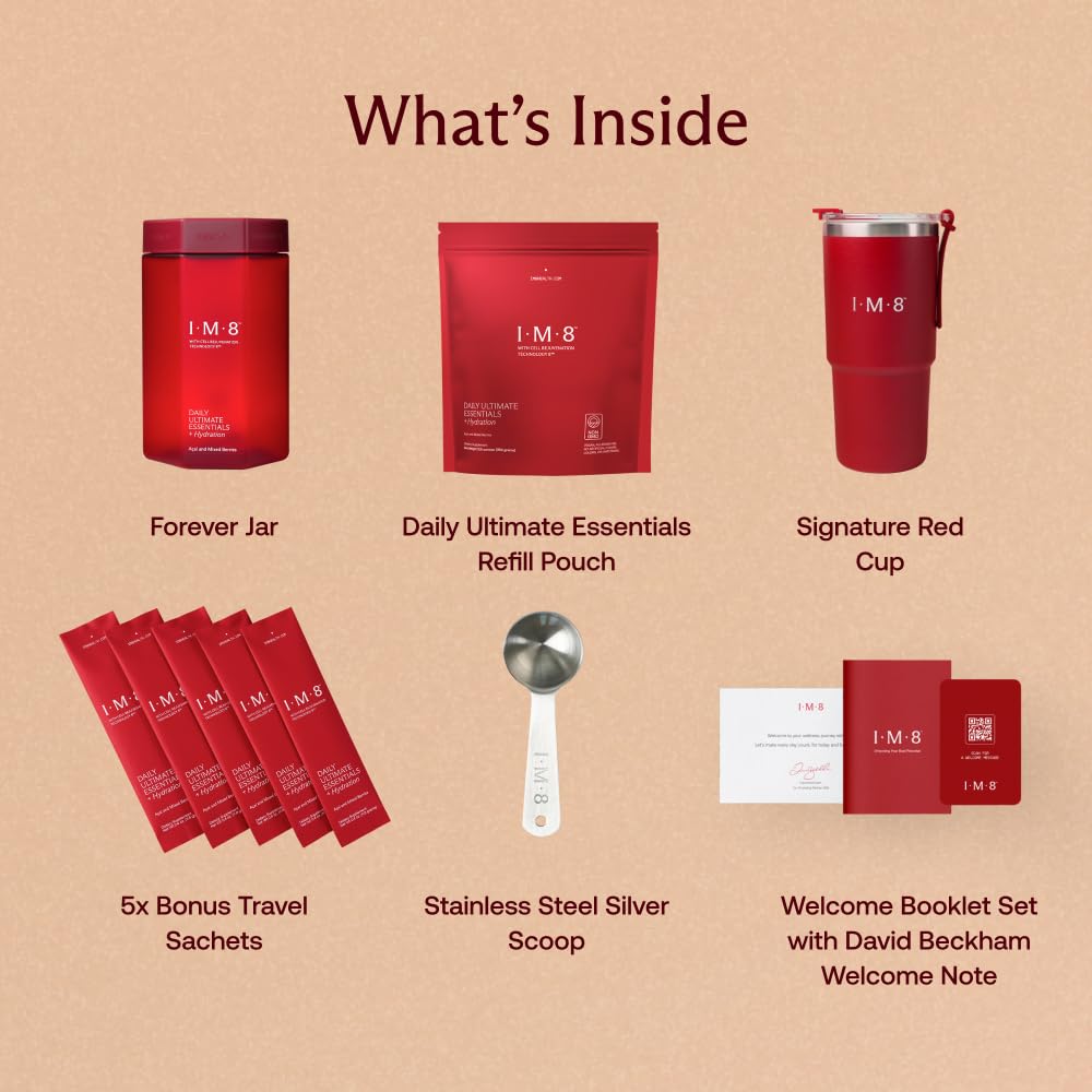 IM8 Daily Ultimate Essentials tumbler ready for on-the-go hydration.