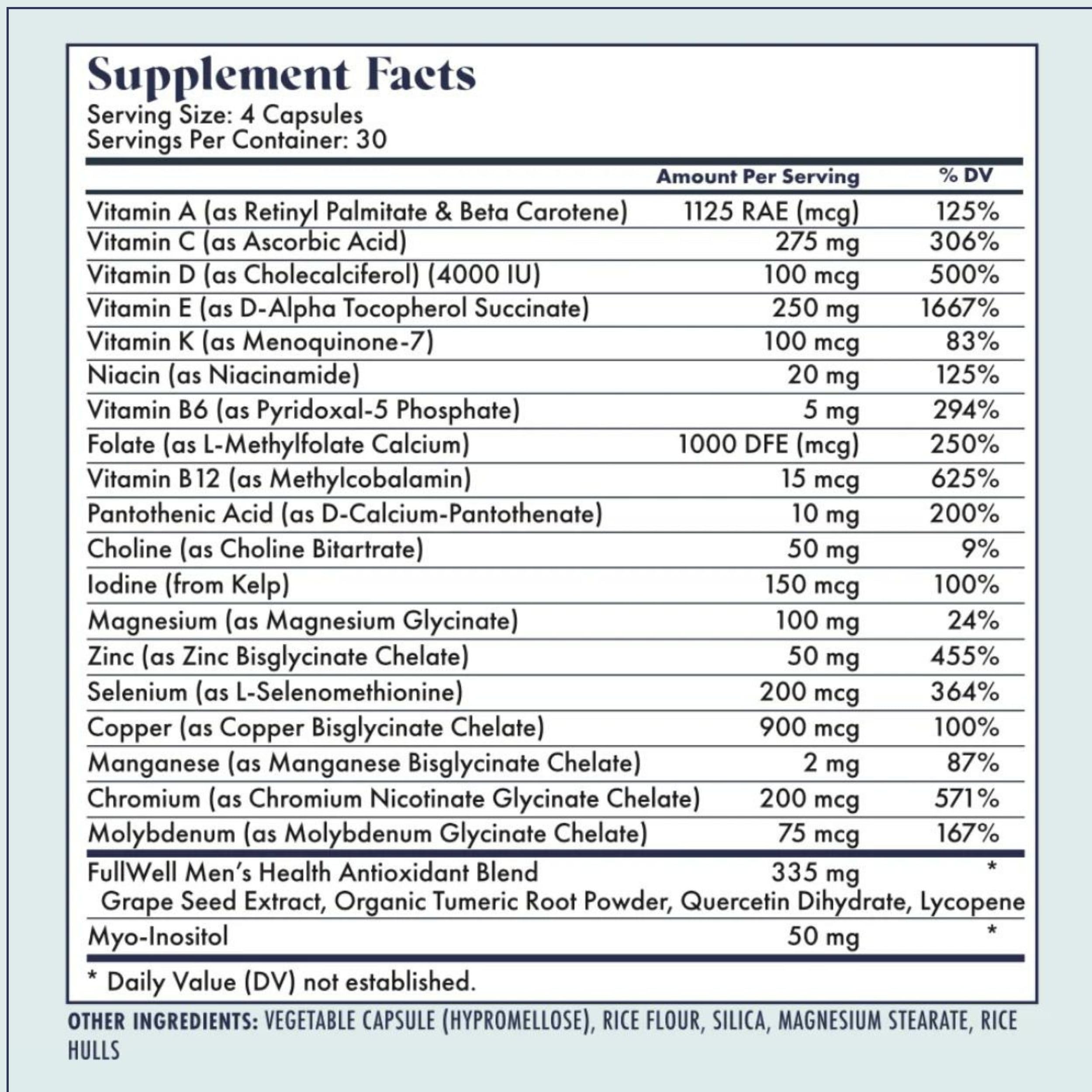 FullWell Fertility Multivitamin for Men | Daily Vitamin for Conception Support | Sperm Motility & Strength | Dietitian-Formulated | Choline, Grapeseed Oil, Folate | 3rd Party Tested, 30 Servings