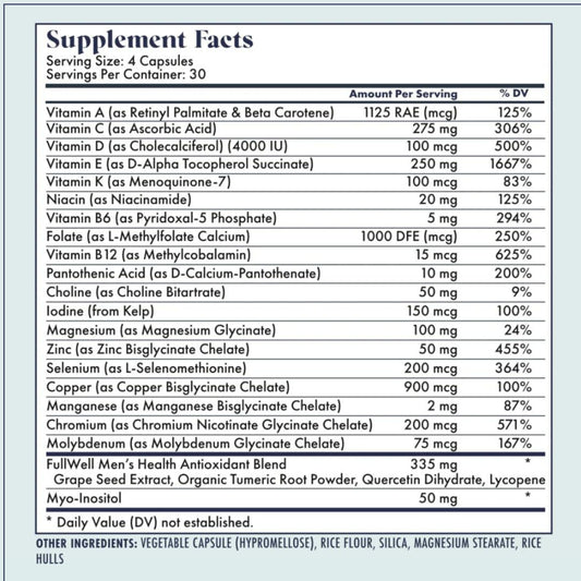 FullWell Fertility Multivitamin for Men | Daily Vitamin for Conception Support | Sperm Motility & Strength | Dietitian-Formulated | Choline, Grapeseed Oil, Folate | 3rd Party Tested, 30 Servings