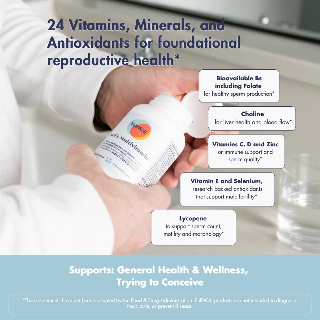 FullWell Fertility Multivitamin for Men | Daily Vitamin for Conception Support | Sperm Motility & Strength | Dietitian-Formulated | Choline, Grapeseed Oil, Folate | 3rd Party Tested, 30 Servings