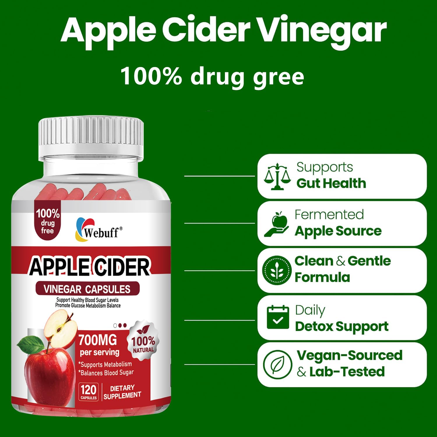 Webuff Apple Cider Vinegar Capsules 700mg — 120 Count Pack of 2 | Extra Strength ACV with The Mother | Supports Digestion, Metabolism, Weight Management & Immunity | Vegan, Non-GMO, Gluten-Free