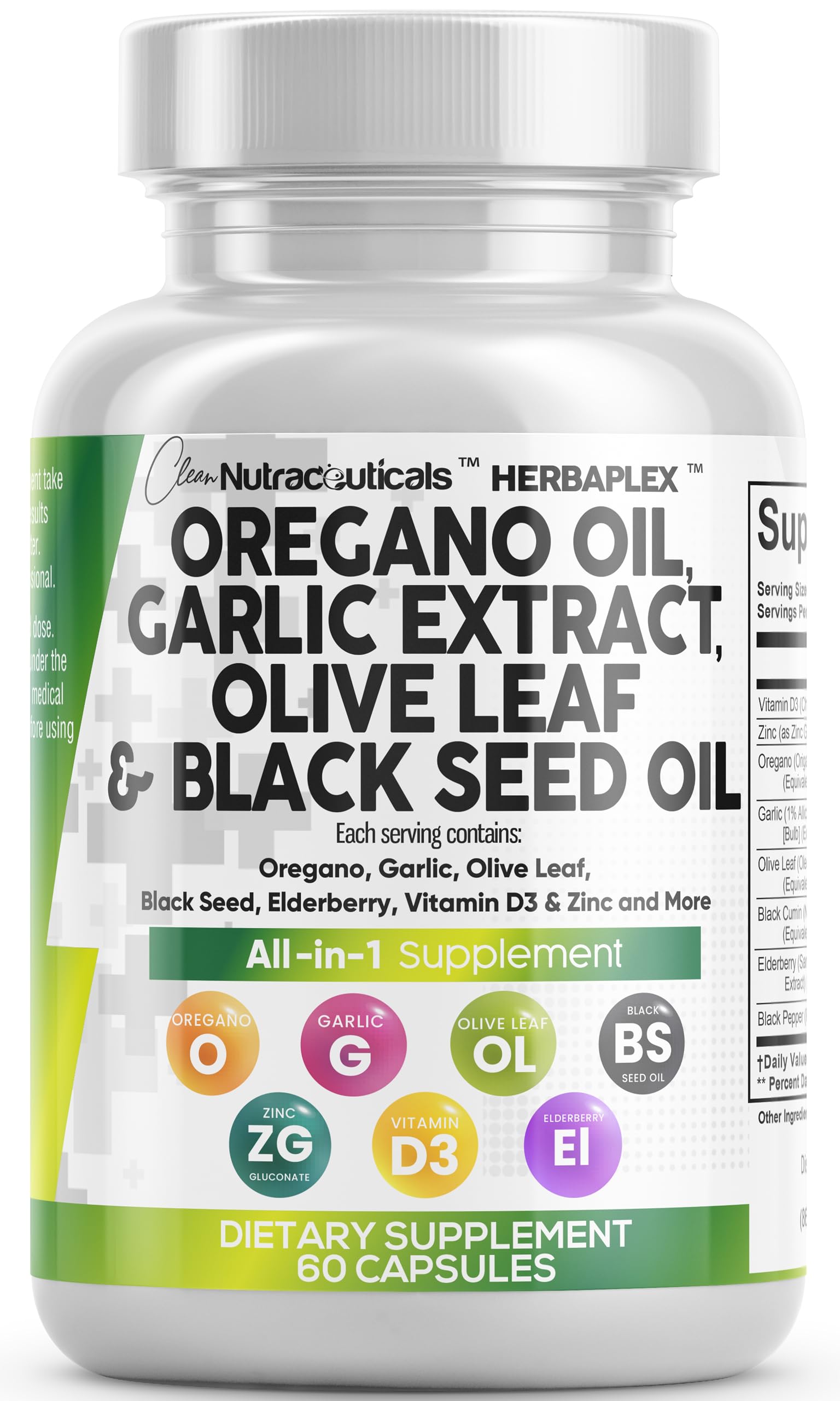 Clean Nutra Oregano Oil with Garlic & Olive Leaf – All-in-One Immune Support Capsules (Vitamin D3, Zinc, Elderberry)
