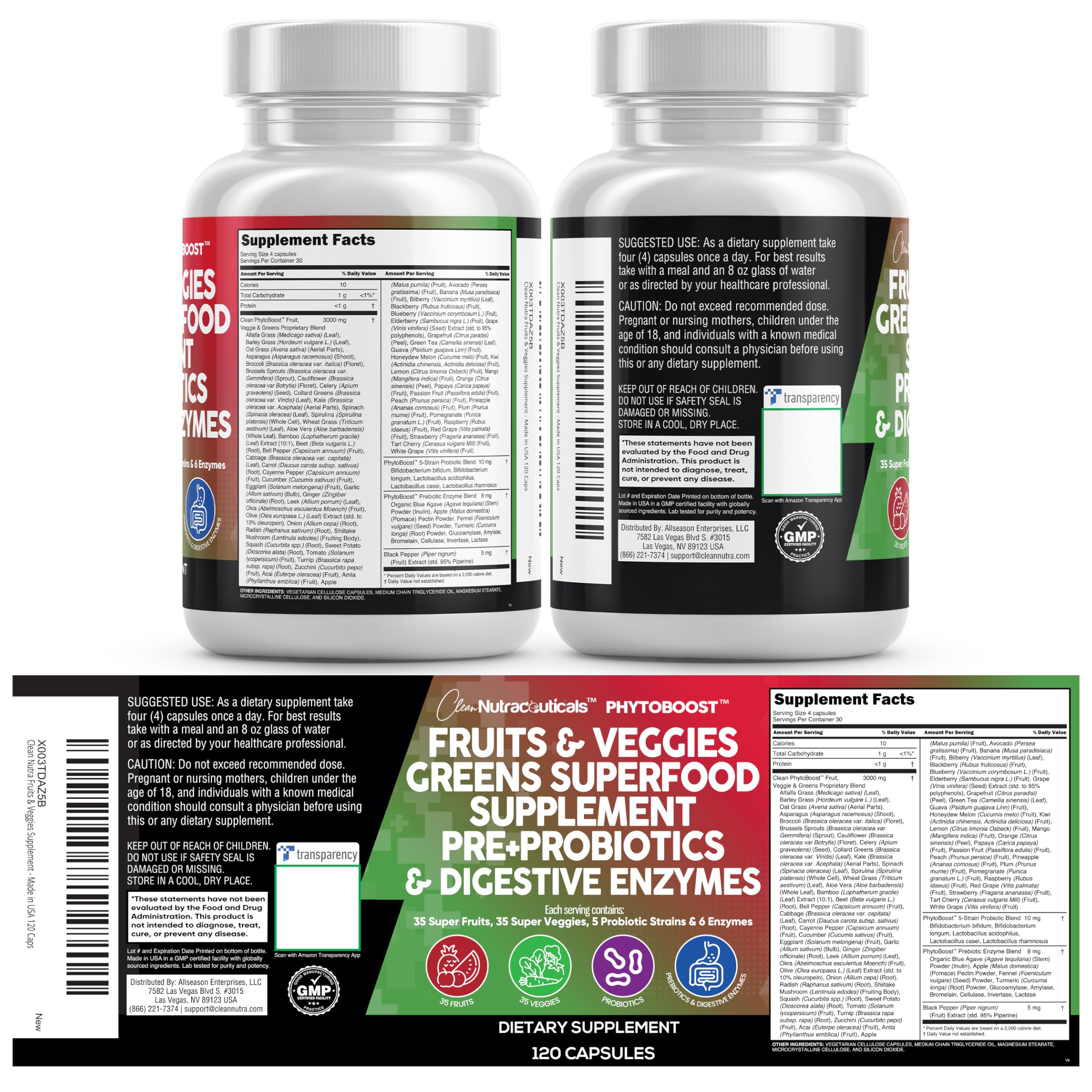 Clean Nutraceuticals Reds & Greens Superfood – 70+ Fruits & Veggies, Probiotics & Digestive Enzymes, 120 Capsules | Made in USA