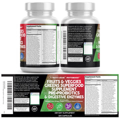 Clean Nutraceuticals Reds & Greens Superfood – 70+ Fruits & Veggies, Probiotics & Digestive Enzymes, 120 Capsules | Made in USA