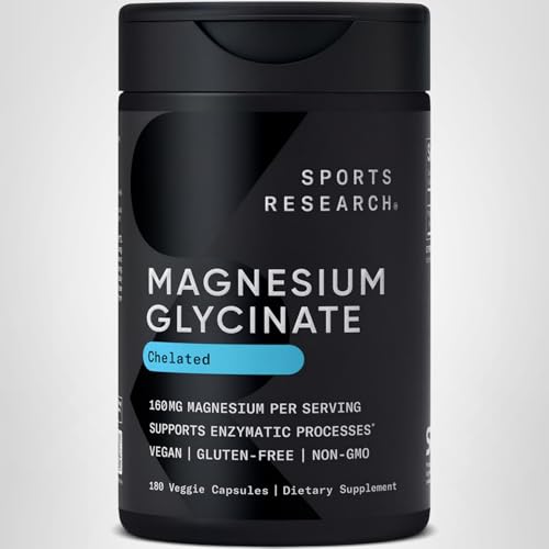 Sports Research Magnesium Glycinate 160 mg – Chelated Magnesium for Restful Sleep | Vegan Capsules, 180 Count