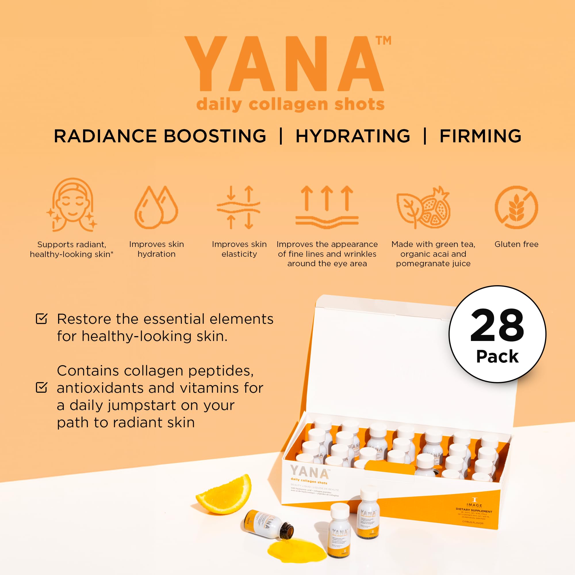 IMAGE Skincare YANA glass shows a citrus-flavored collagen shot ready to drink.