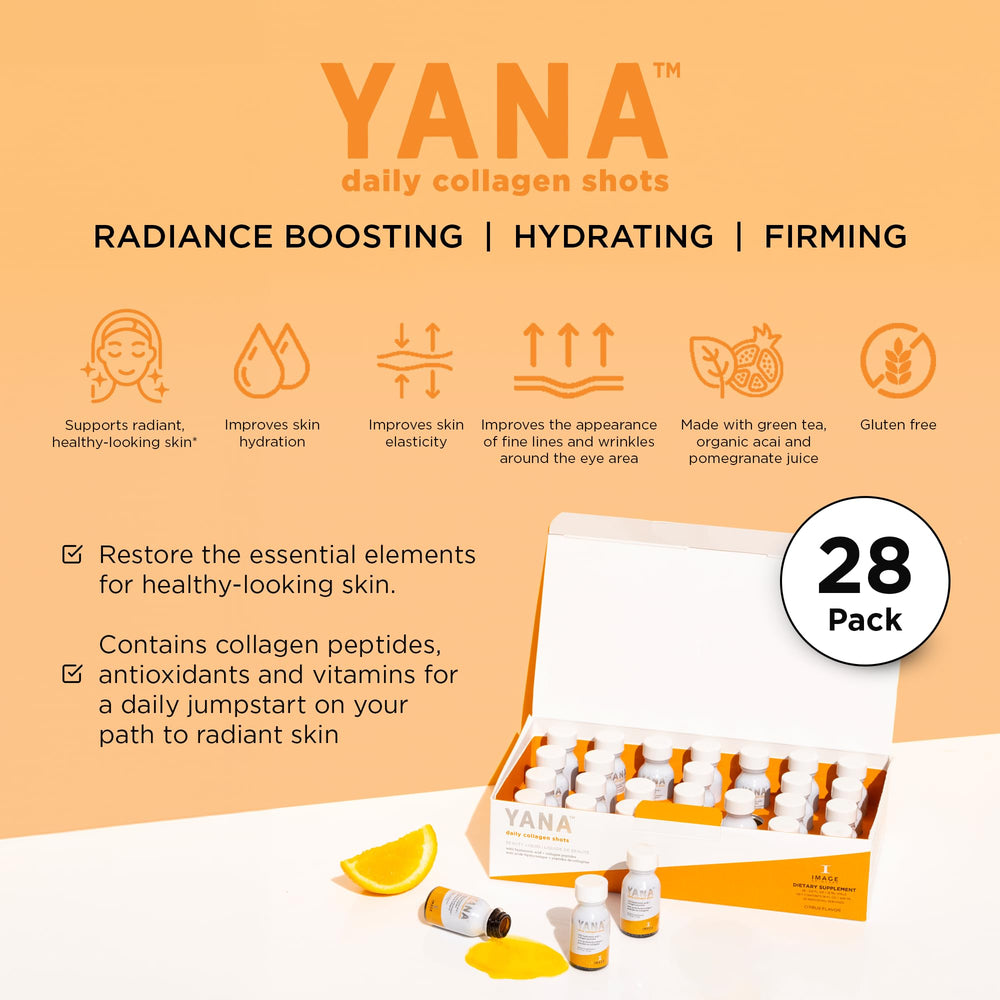 IMAGE Skincare YANA glass shows a citrus-flavored collagen shot ready to drink.