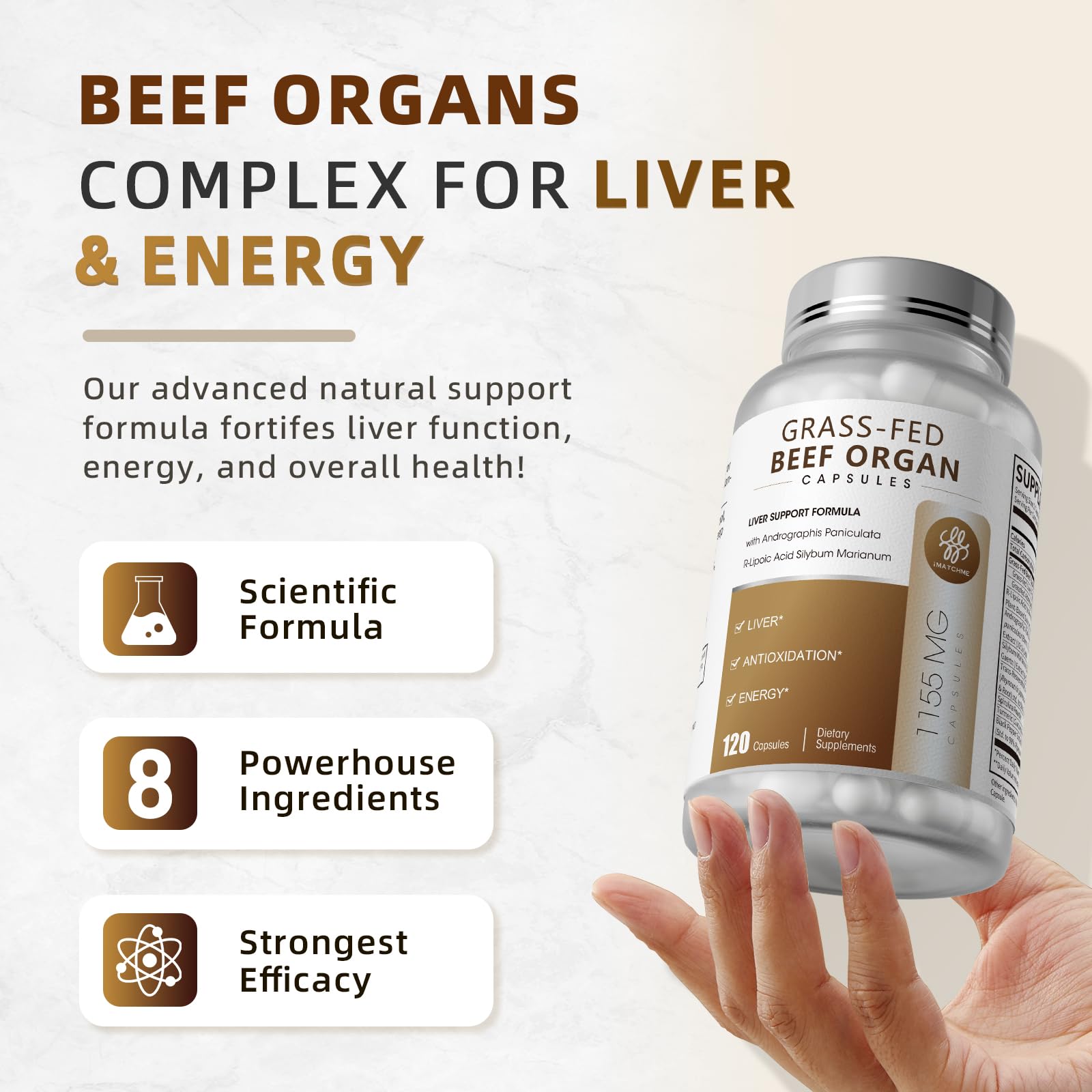 iMATCHME Beef Organ pour capsules demonstrating easy dosing for busy mornings