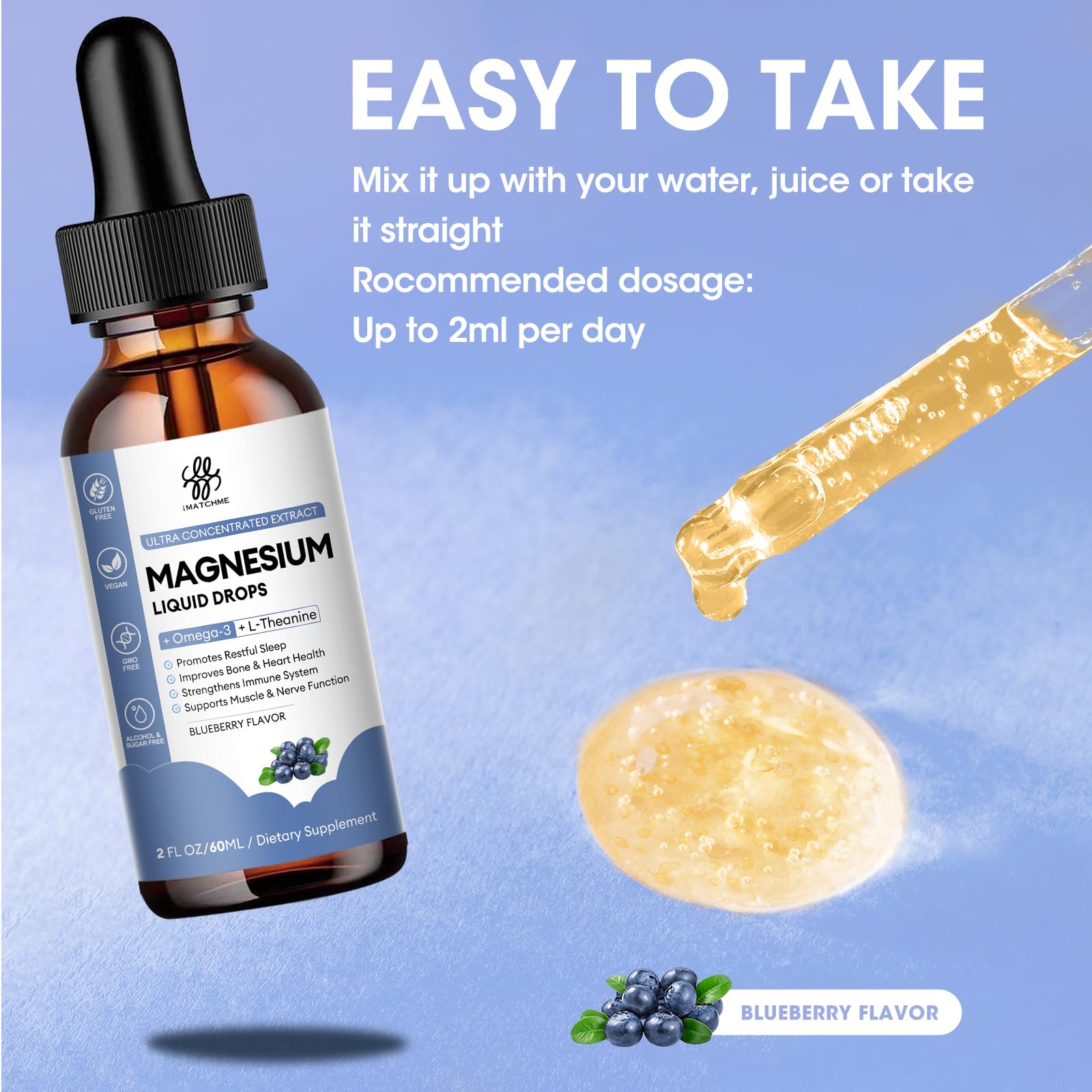 iMATCHME blueberry-flavor-splash highlights pleasant taste and broad appeal.
