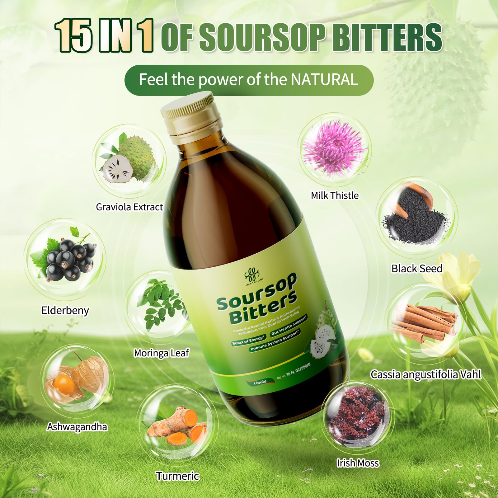 iMATCHME Soursop Bitters label closeup shows pure herbal blend.