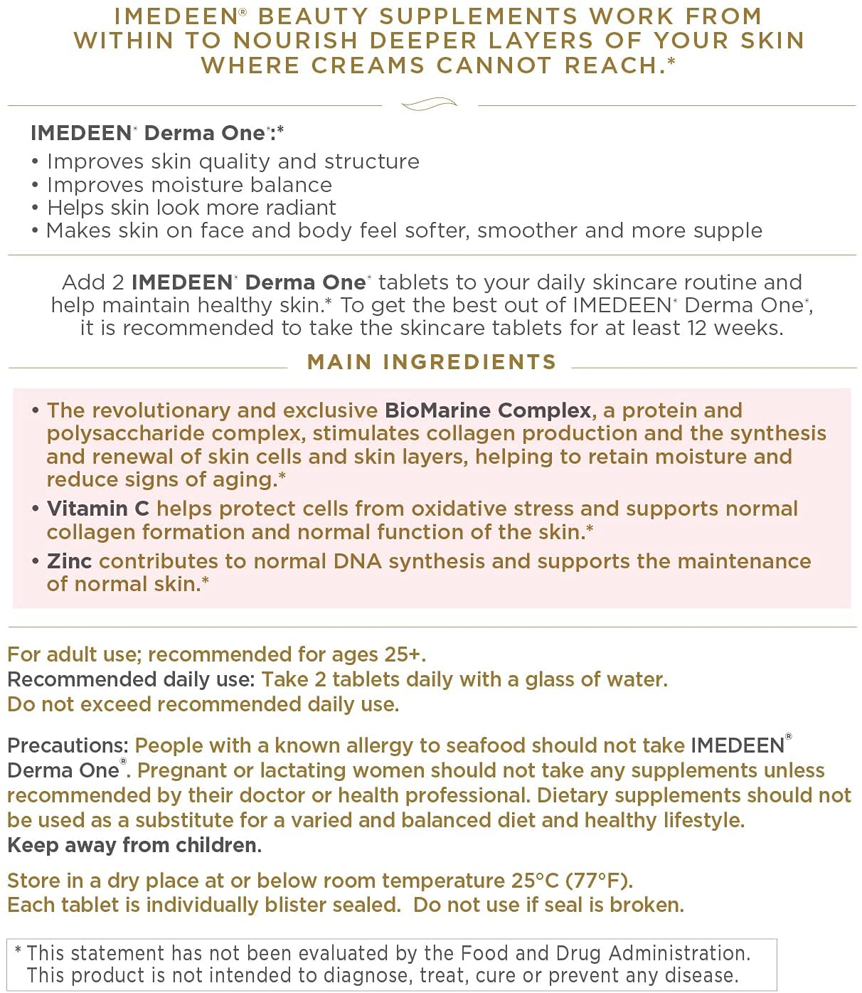 Imedeen Derma One packaging display showing Marine Complex and antioxidants.