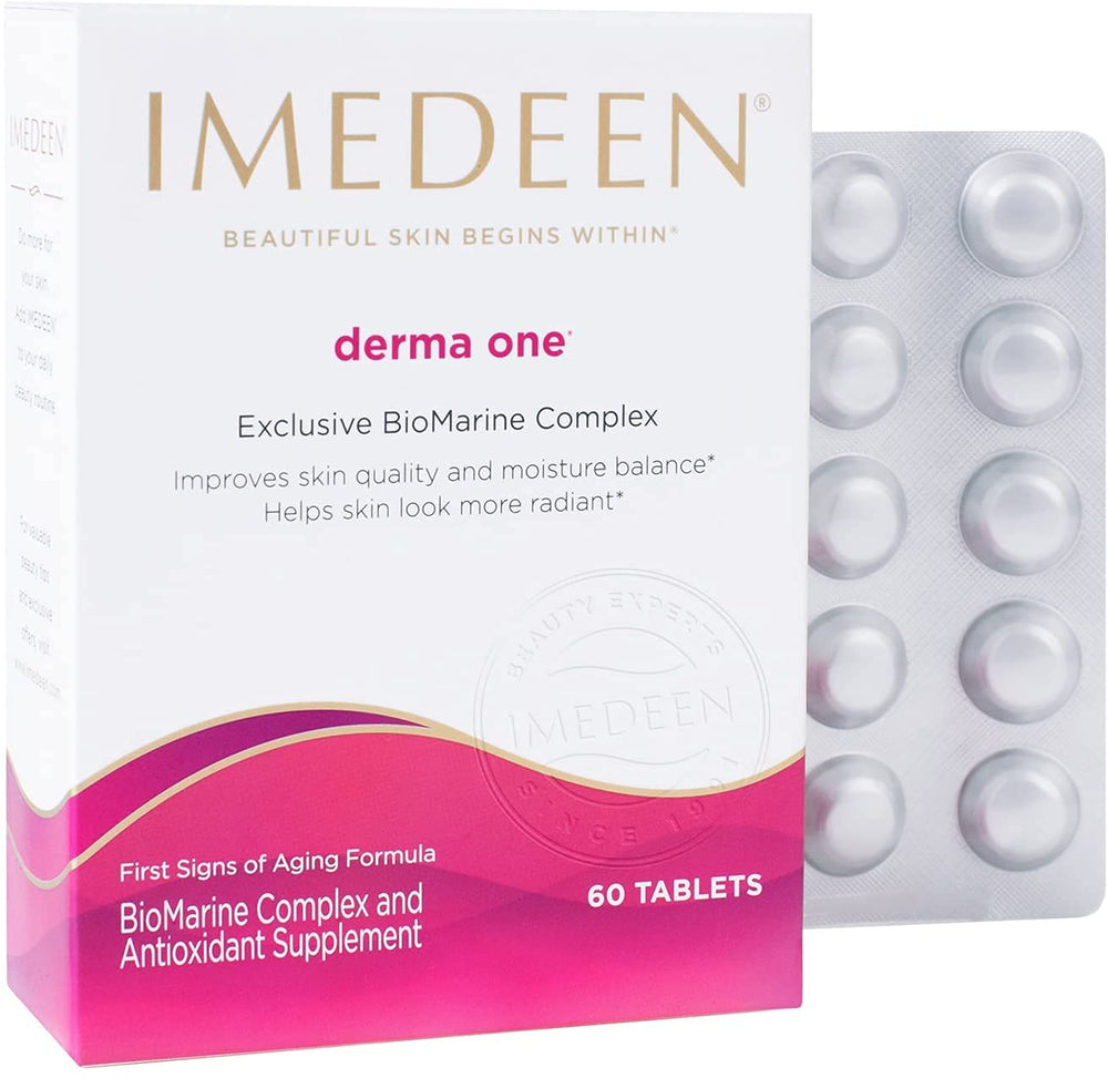 Imedeen Derma One tablets close-up highlighting texture that supports moisture balance.