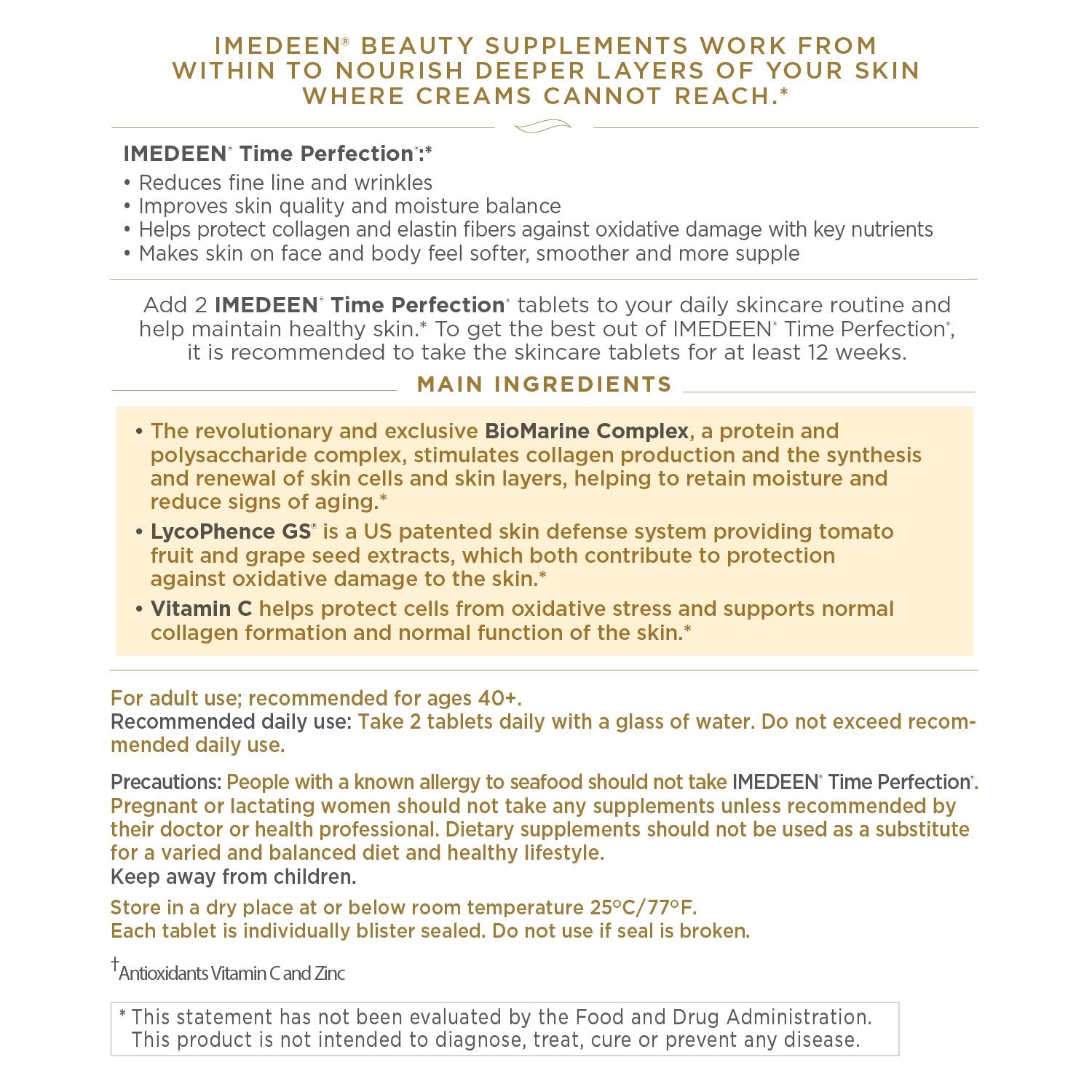 Close-up of Imedeen Time Perfection label highlighting premium skincare ingredients
