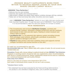 Close-up of Imedeen Time Perfection label highlighting premium skincare ingredients