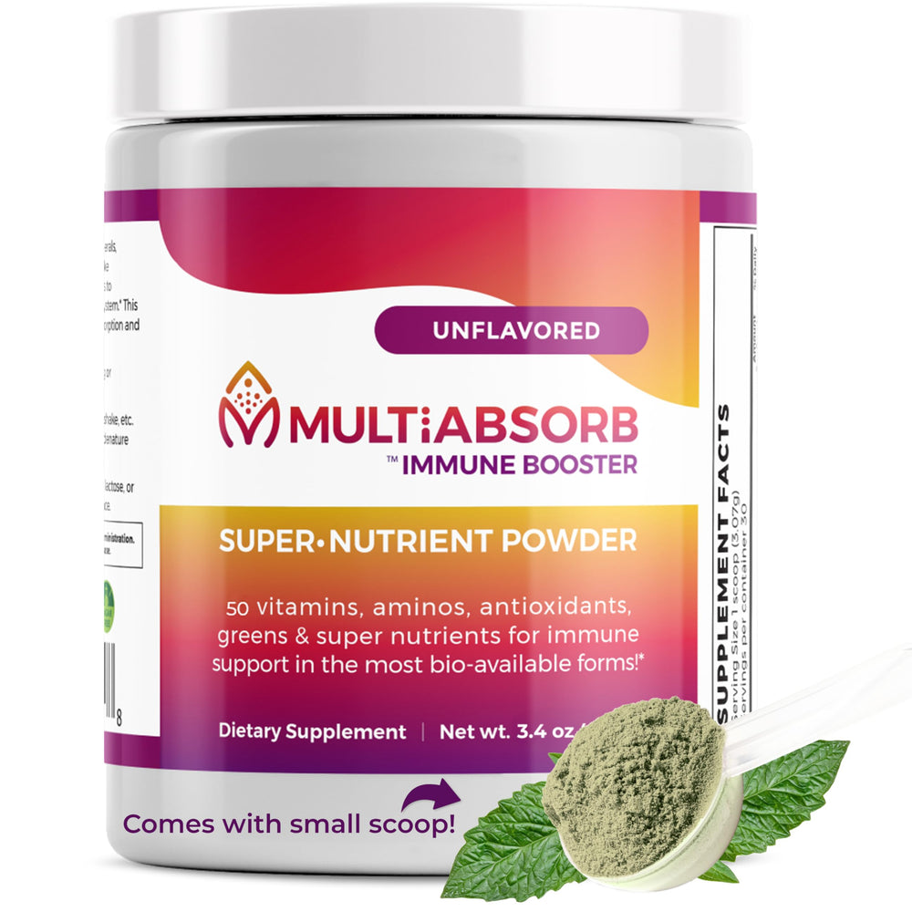 Imix Nutrition MultiAbsorb immune booster bottle on kitchen counter for daily support.