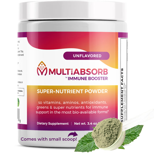 Imix Nutrition MultiAbsorb immune booster bottle on kitchen counter for daily support.