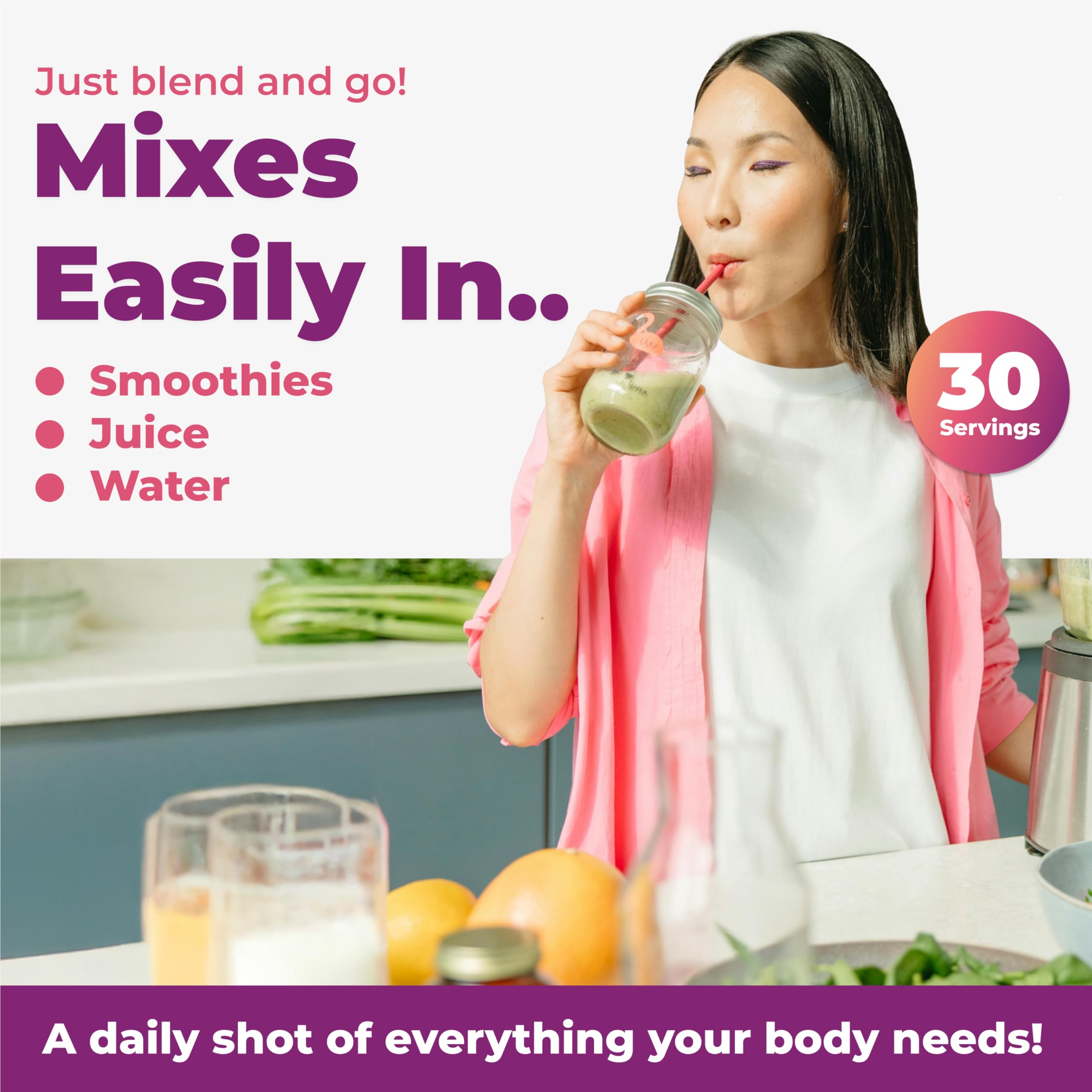 Imix MultiAbsorb serving glass with powder dissolving easily in a beverage.