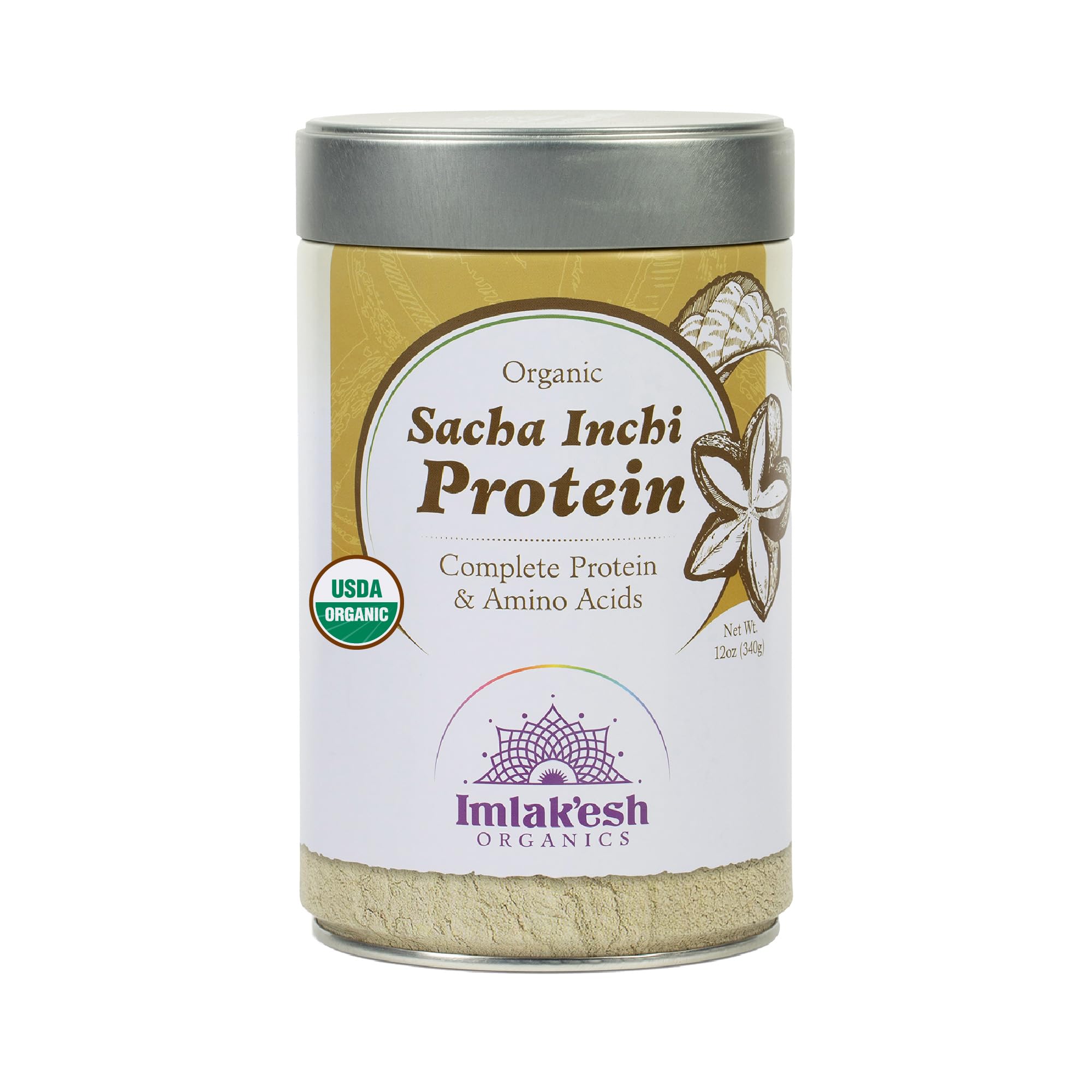 Imlak'esh Organics Sacha Inchi Protein jar close-up, plant-based protein for smoothies.