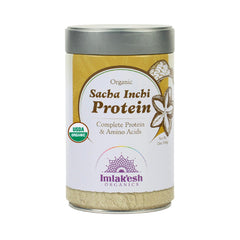 Imlak'esh Organics Sacha Inchi Protein jar close-up, plant-based protein for smoothies.