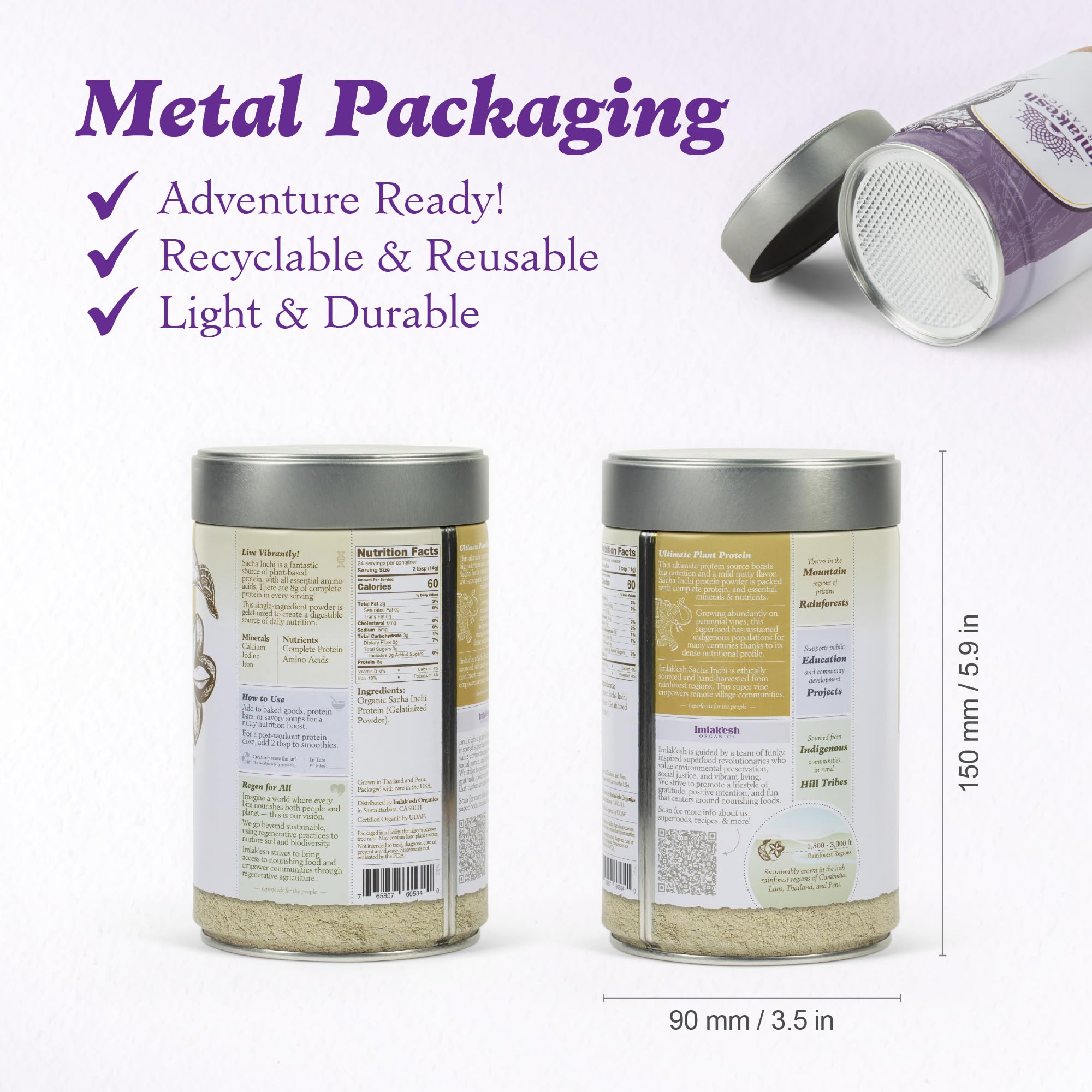 Imlak'esh Organics Sacha Inchi Protein metal jar packaging preserves freshness and is recyclable.